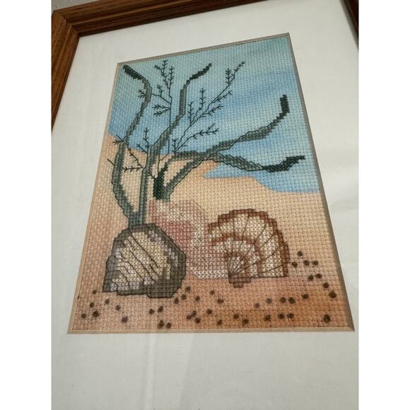 Framed Cross Stitch Seashells Beach Ocean - Picture 2 of 3